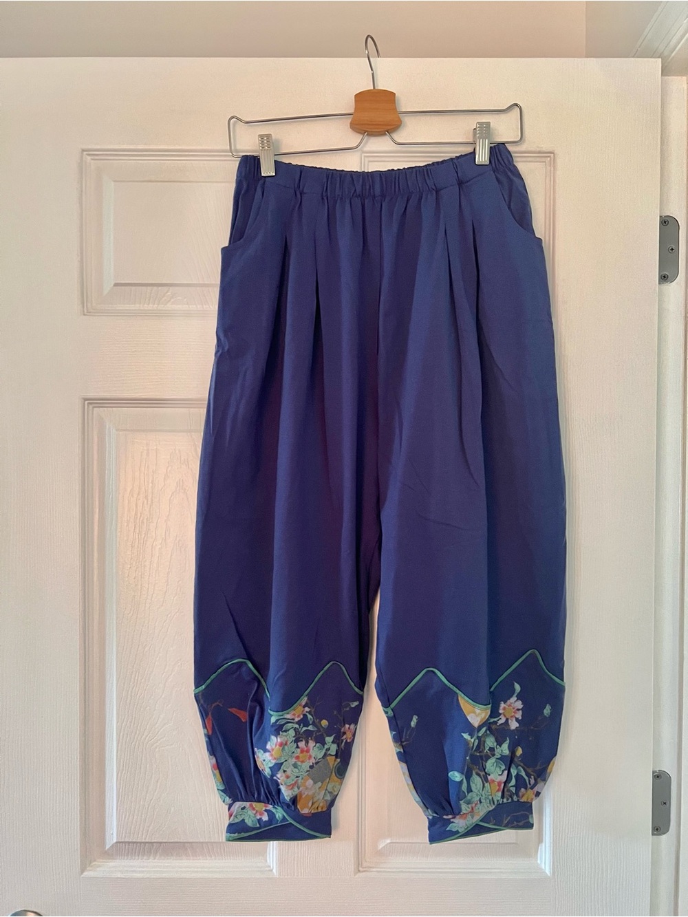 Asian inspired Navy Floral Two-Piece Pajama Set with Green Trim - Picture 5 of 12